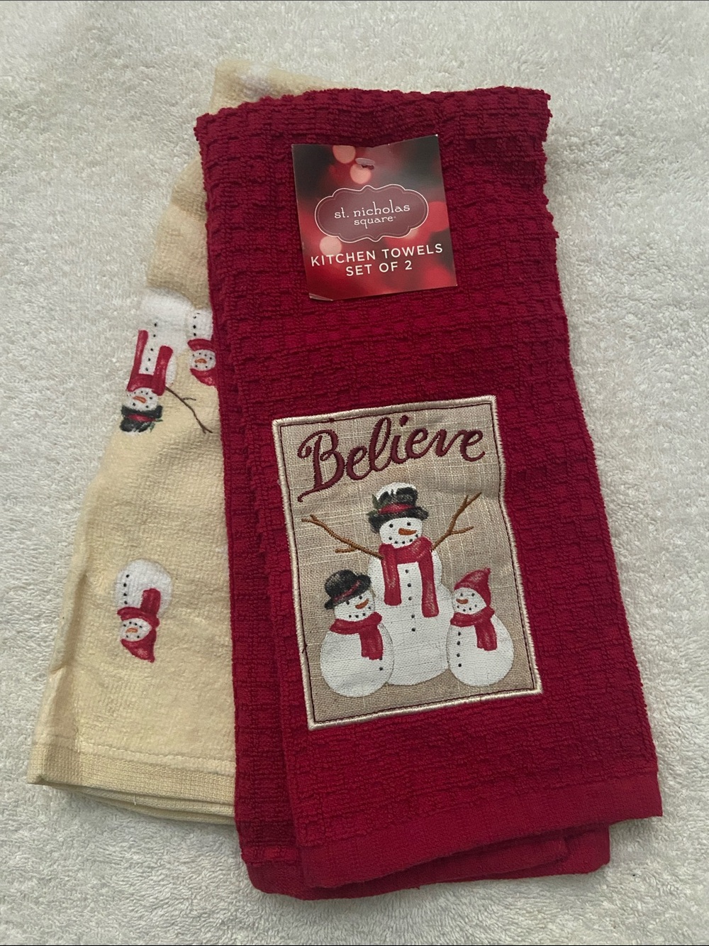 🩷 St Nicholas Square Red and Cream Snowman Kitchen Towel Set